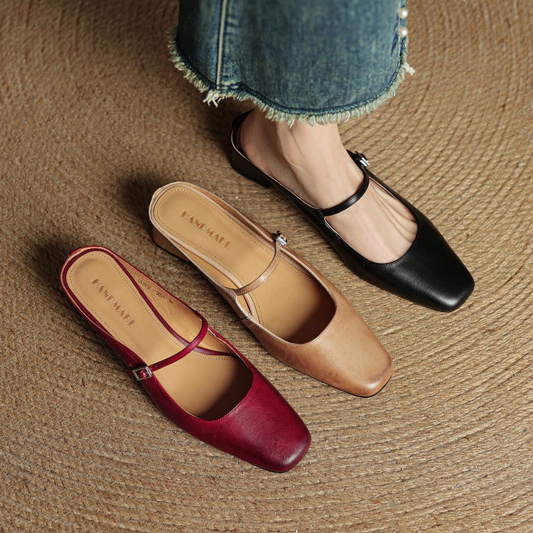 Womens footwear innovation: Mary Jane mules with block heel, square toe & buckle strap.