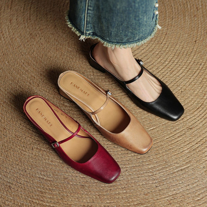 Womens footwear innovation: Mary Jane mules with block heel, square toe & buckle strap.
