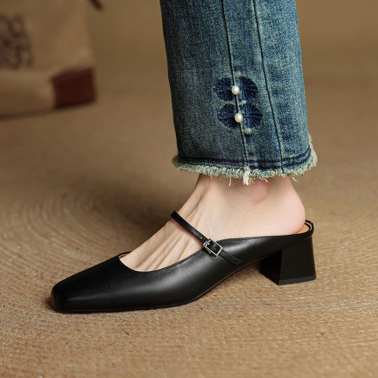 Sleek Mary Jane mules for women, featuring a comfortable block heel, square toe, and buckle.
