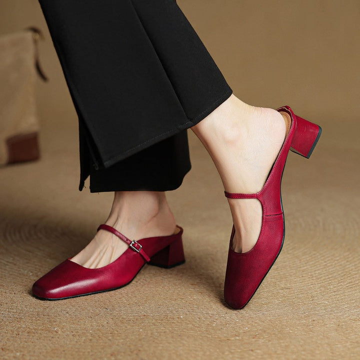 Comfortable slip-on women's mules, Mary Jane style, featuring block heel & square toe.