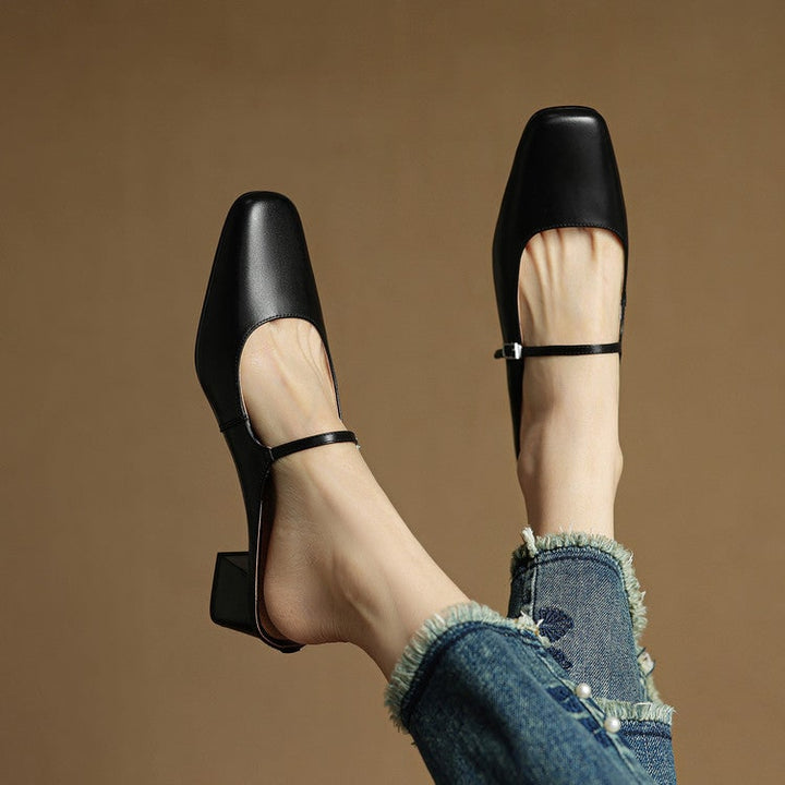 Womens casual shoes: Mary Jane mules, block heel, square toe, buckle strap, easy wear.