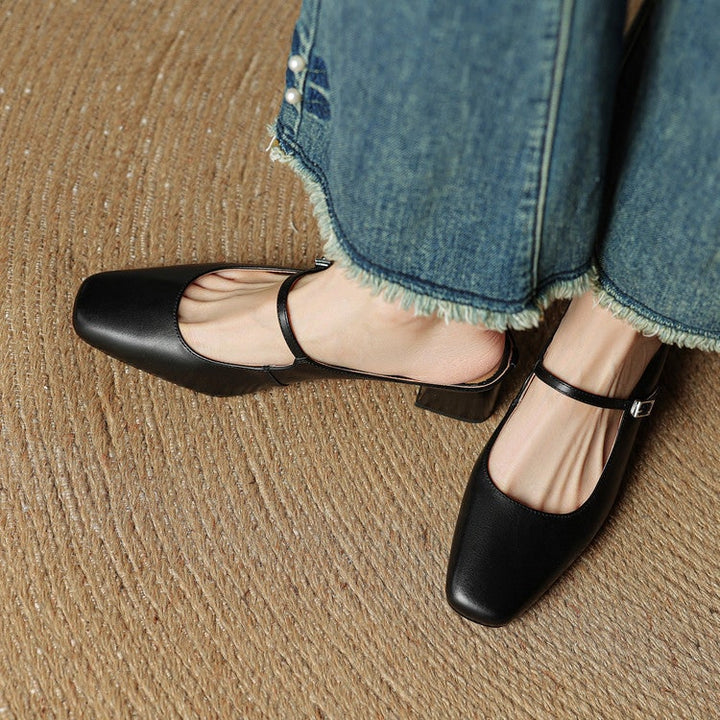 Womens stylish mules, Mary Jane design, block heel, square toe, with an elegant buckle.