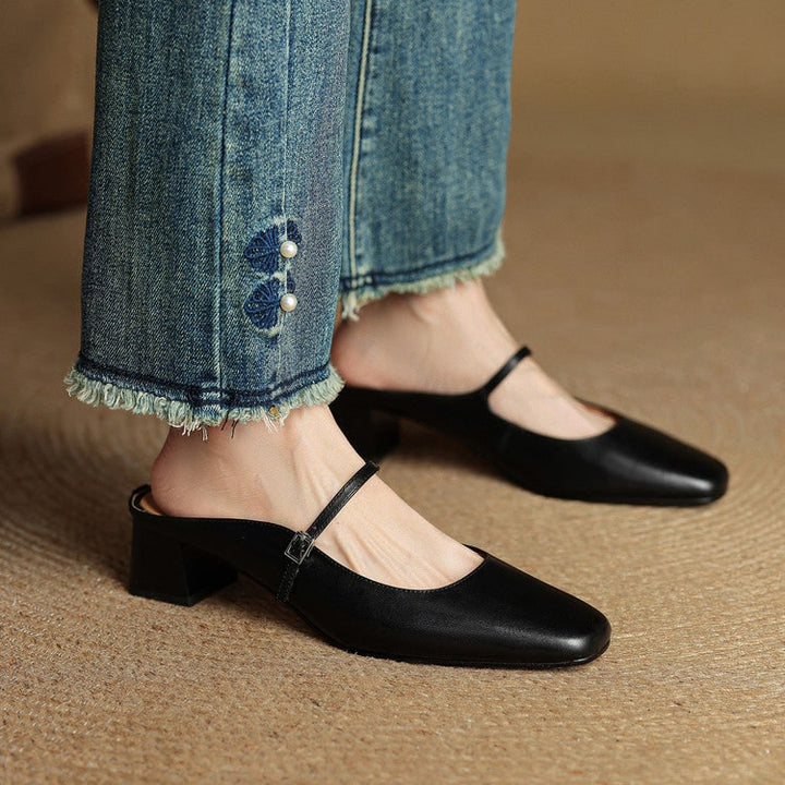 Comfortable and stylish Mary Jane mules for women, block heel, square toe, buckle strap.