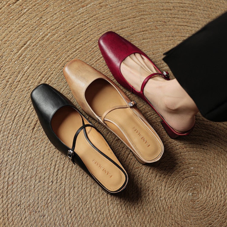 Slip-on women's block heel mules, Mary Jane style, square toe, ideal for comfortable wear.