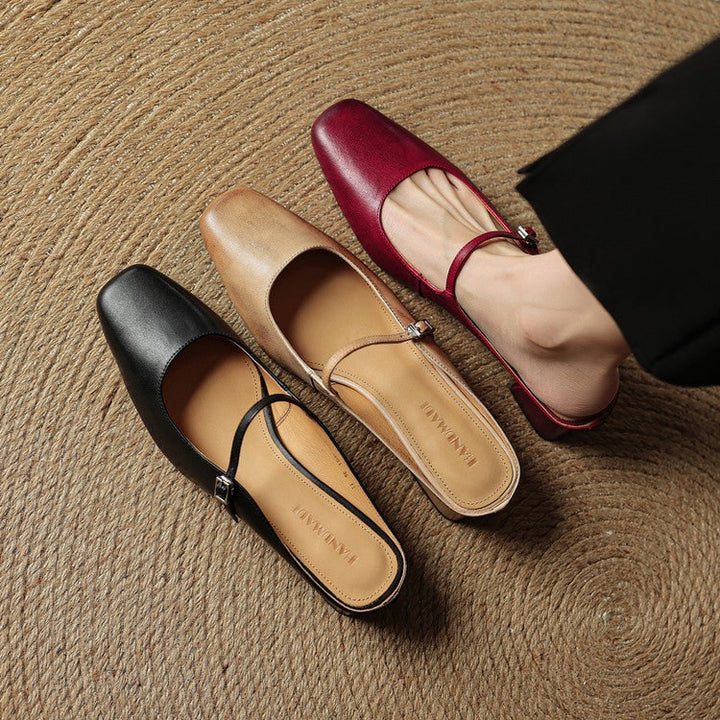Slip-on women's block heel mules, Mary Jane style, square toe, ideal for comfortable wear.