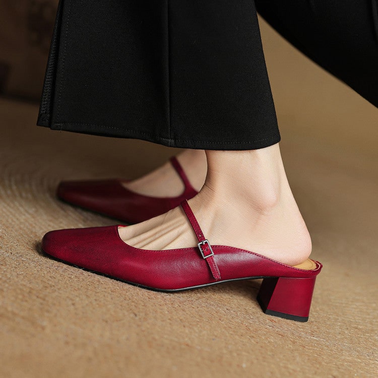 Elegant womens footwear: Mary Jane mules, block heel, square toe, and secure buckle.