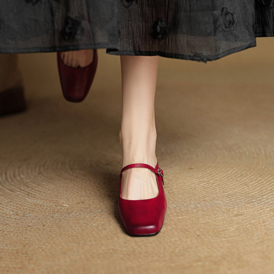Chic casual shoes: Women's Mary Jane mules, block heel, square toe design, buckle strap.