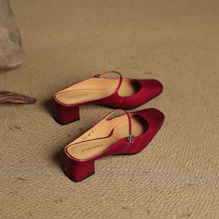 Versatile women's mules, Mary Jane design, block heel, square toe, easy slip-on style.