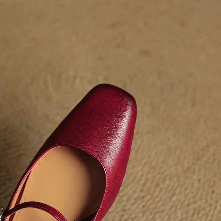 Modern Mary Jane mules for women, block heel, square toe, featuring a sleek buckle strap.