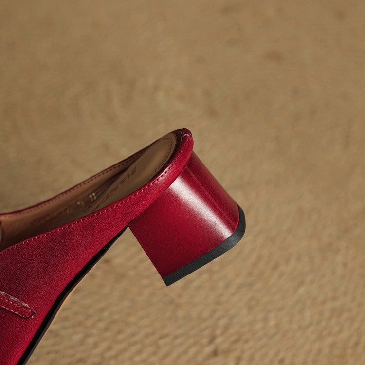 Front view: Women's square toe Mary Jane mules, block heel, and elegant buckle.