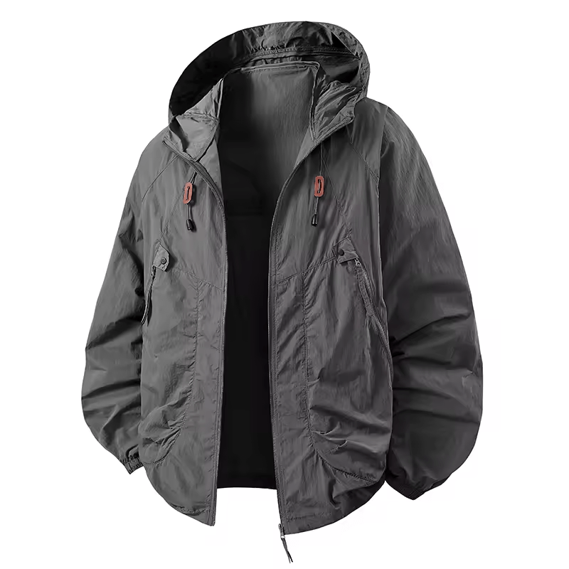 Lightweight men's rain jacket, waterproof with adjustable hood & functional zip pockets. Perfect casual outerwear for storms.