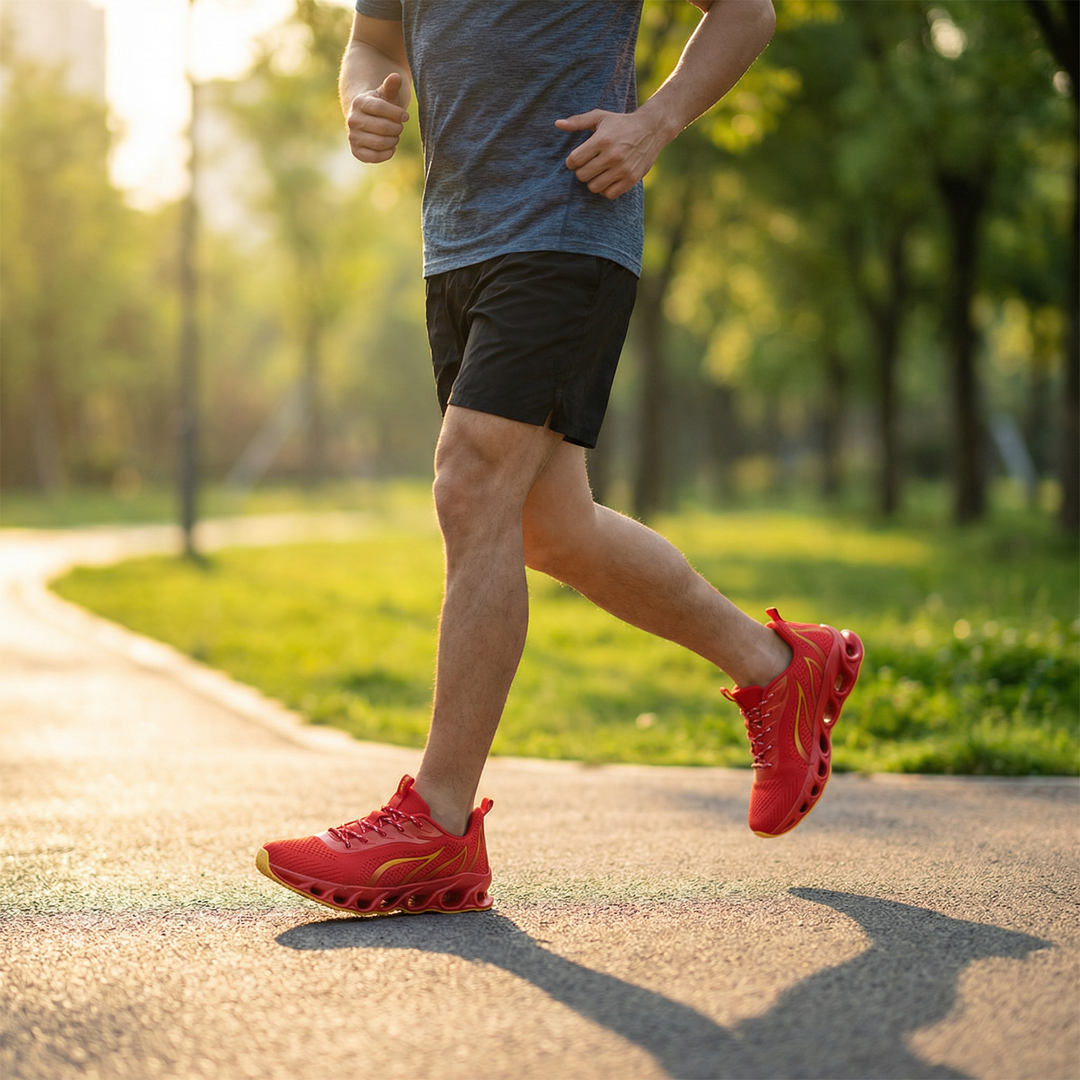 Stylish men's active sneakers delivering excellent arch support and secure fit for long-distance running.