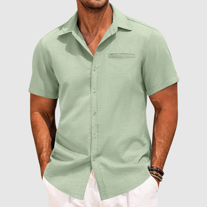 Men's short-sleeve button-up shirt, featuring a lapel collar, ideal for casual summer fashion.