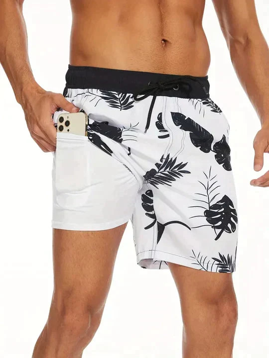 Comfortable men's drawstring swimwear, featuring a vibrant print for poolside apparel.