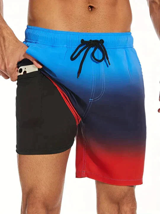 Casual men's printed beach shorts, quick-dry fabric, great for summer vacation.