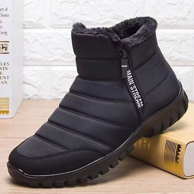 Men's warm ankle snow boots with easy side zip, durable grip sole. Ideal for cold winter weather.