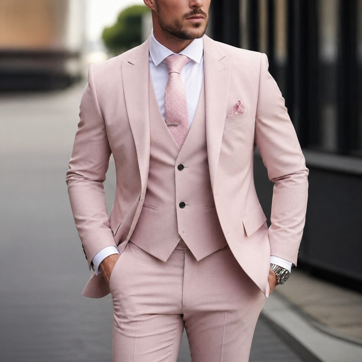 Smart men's slim fit three-piece suit with a clean design, perfect for sophisticated gentleman style.
