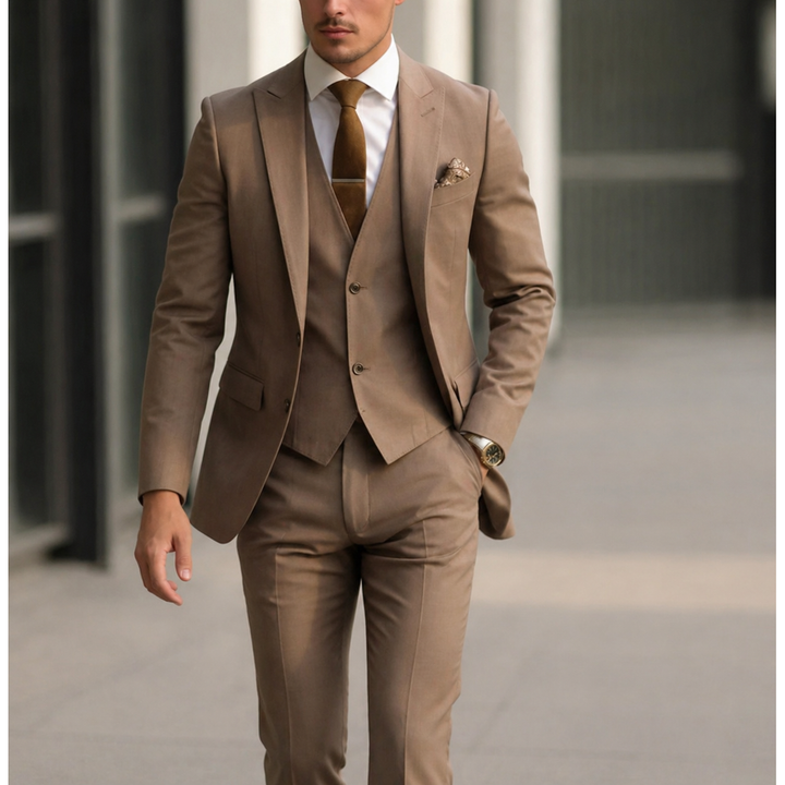 Stylish men's three-piece suit, slim fit jacket, vest, & dress trousers for gentleman style.