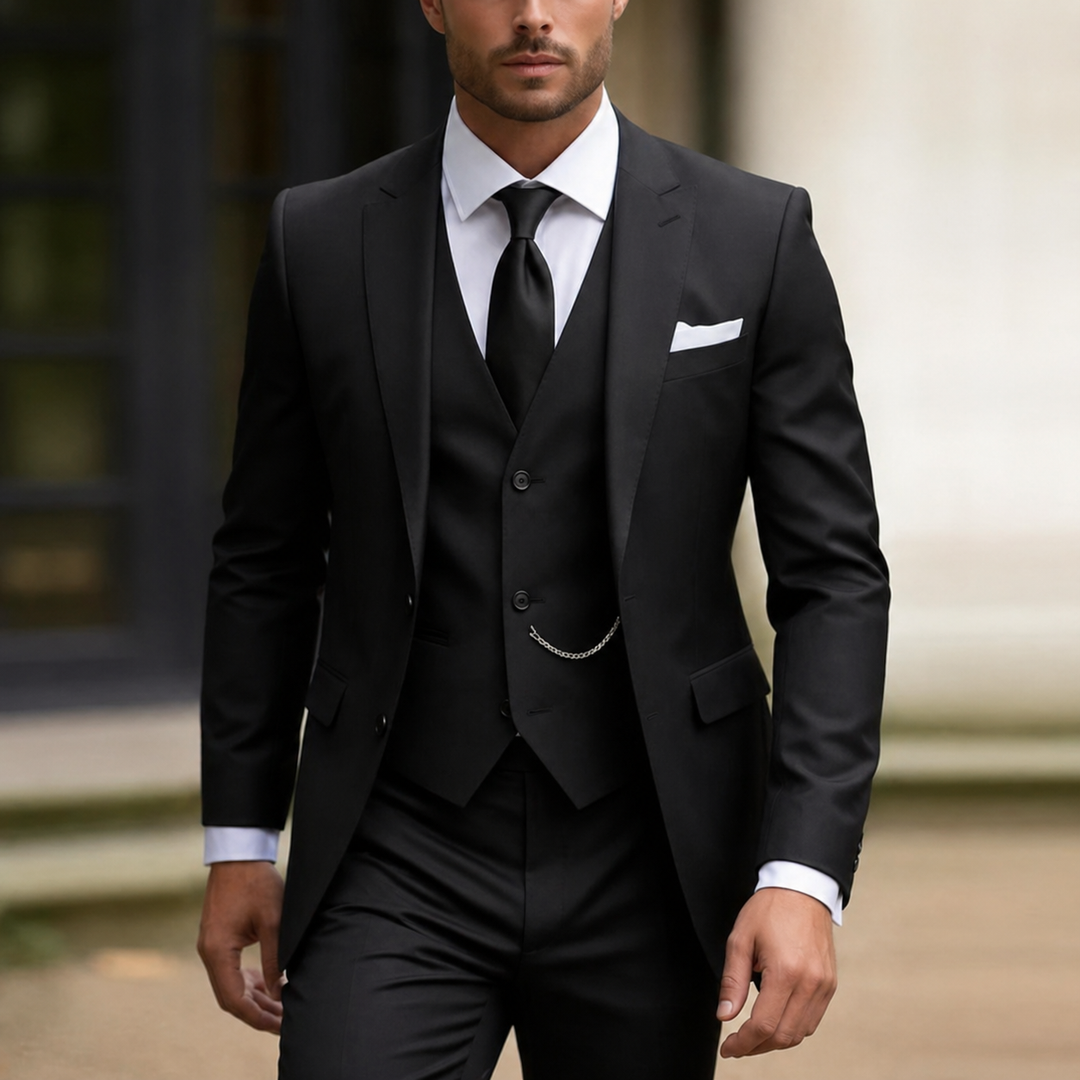 Elegant men's slim fit three-piece suit, a sophisticated choice for business, events & occasion wear.