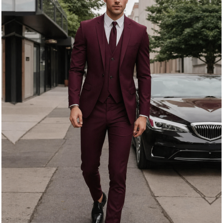 Detail of a men's slim fit suit jacket, vest, & tailored trousers, showcasing premium formal wear.