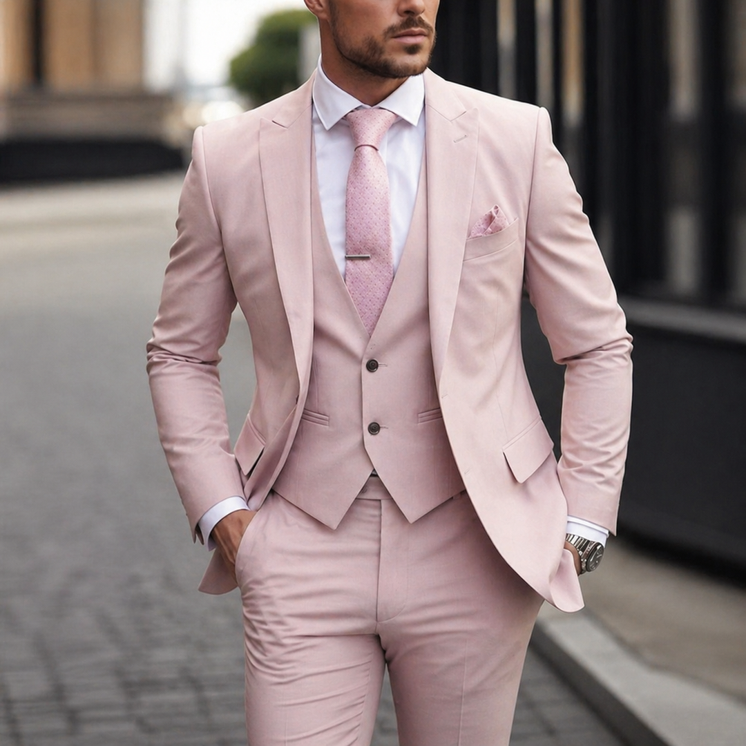 Wedding suit: dashing men's slim fit three-piece, including vest & trousers for a memorable day.