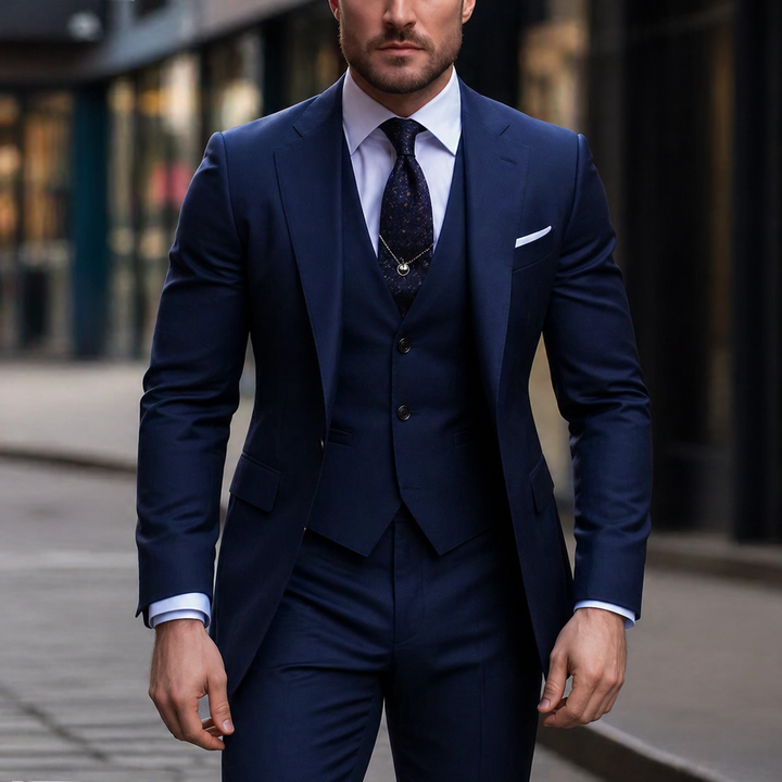 Professional business attire: men's slim fit three-piece suit, exuding confidence & elegant style.