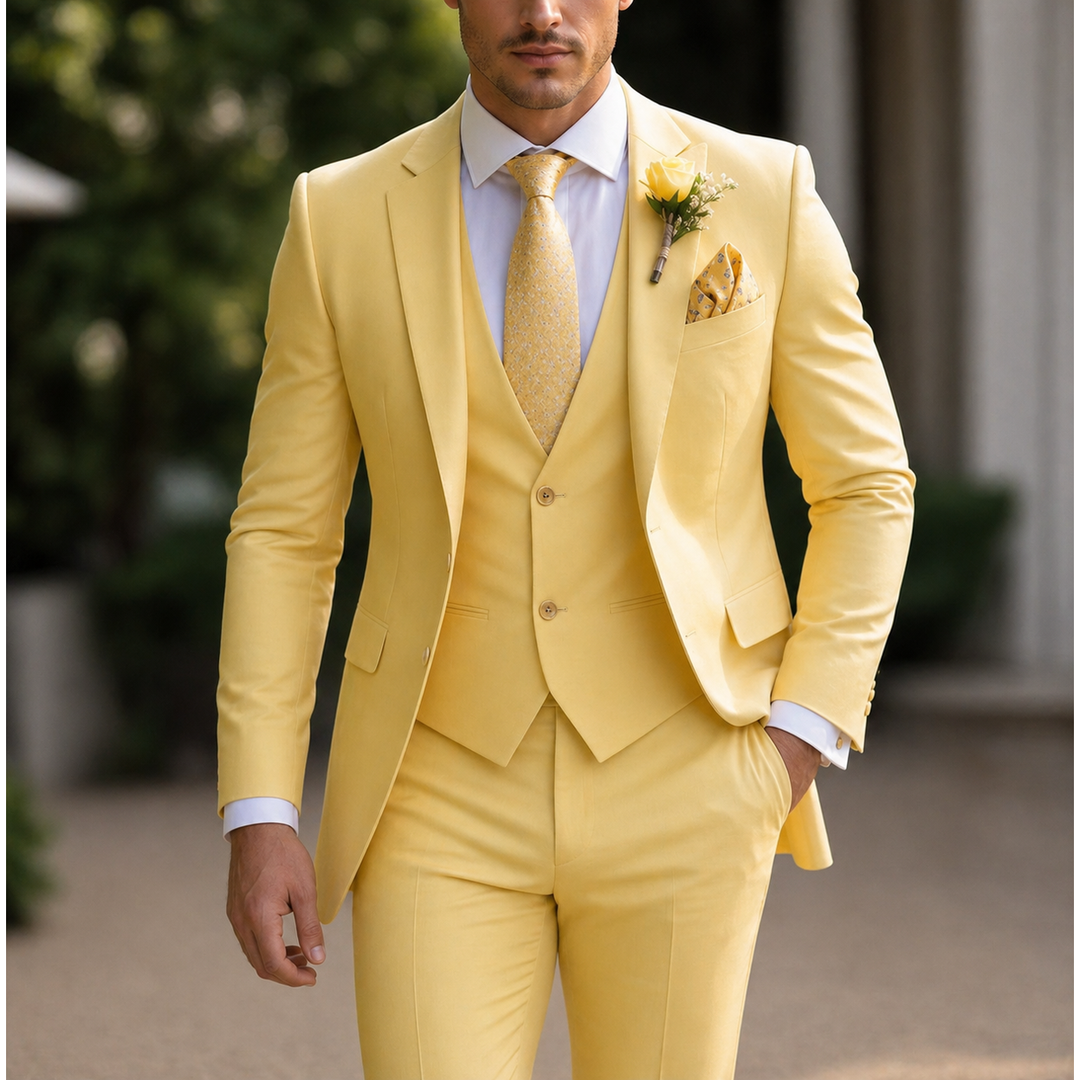 Men's fashion: slim fit three-piece suit, a versatile formal wear staple for the modern gentleman.
