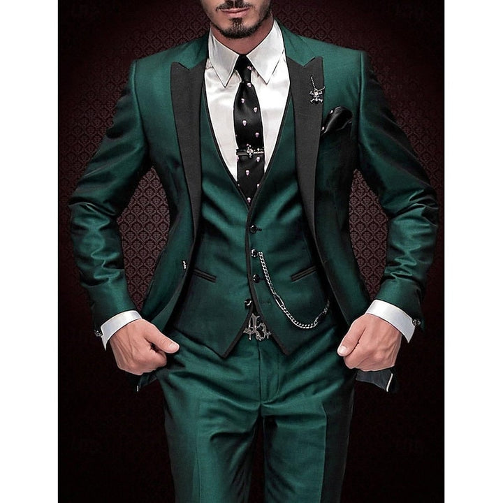 Tailored slim fit 3-piece men's suit, featuring a stylish waistcoat & bold contrast lapels.