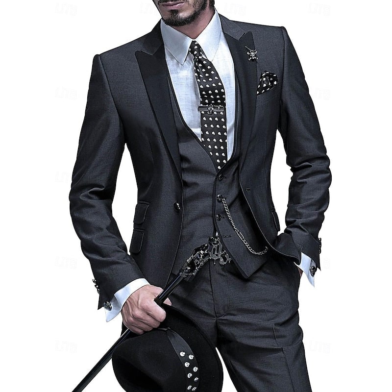 Black slim fit 3-piece business suit with elegant contrast lapels. A sophisticated men's fashion choice.