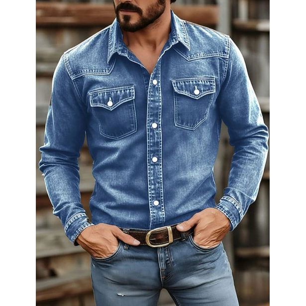 Stylish men's long sleeve denim shirt with practical snap buttons & chest pockets, ideal for versatile rugged looks.