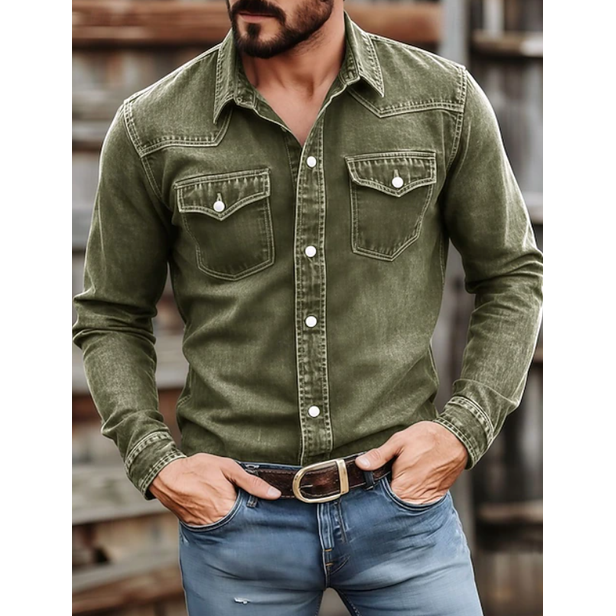 Rugged men's western denim shirt, long sleeve, showcasing authentic cowboy style and durable everyday comfort.