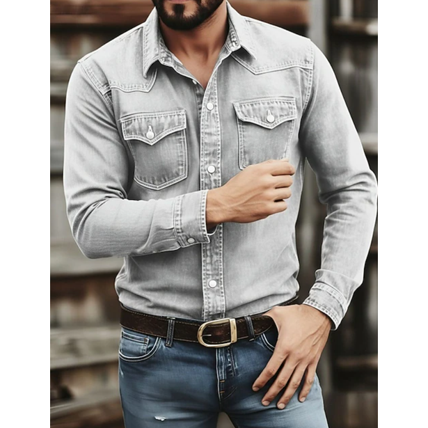 Textured men's long sleeve denim shirt in a rugged western style, perfect for casual, comfortable everyday outfits.