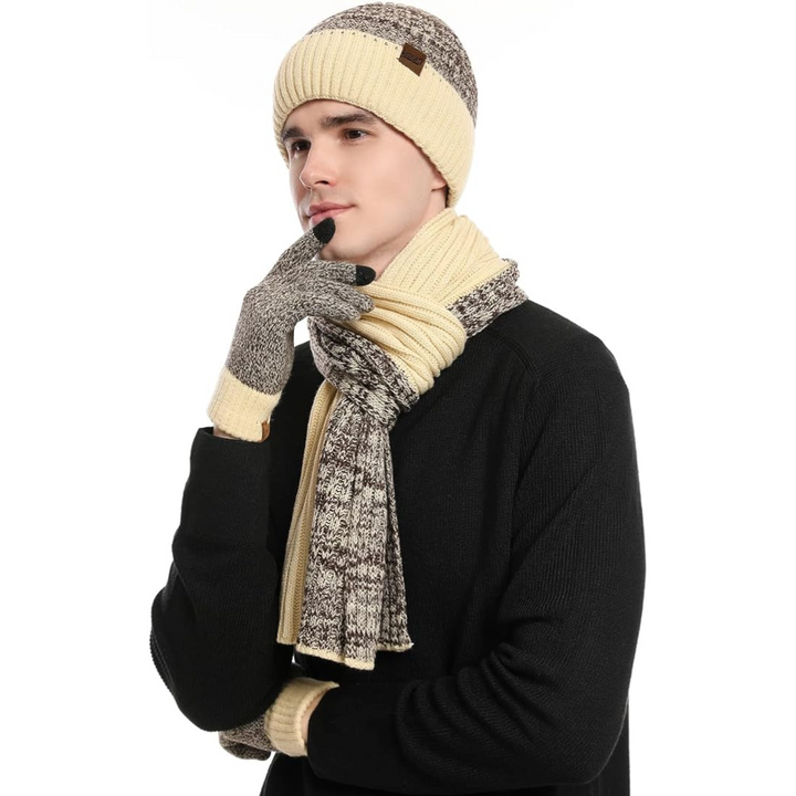 Stylish men's winter accessory set featuring a ribbed beanie, long scarf, and tech-friendly gloves.