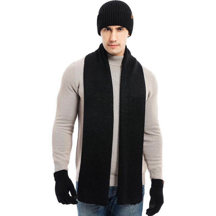 Stay warm with men's winter beanie, super soft scarf & convenient touchscreen gloves set.