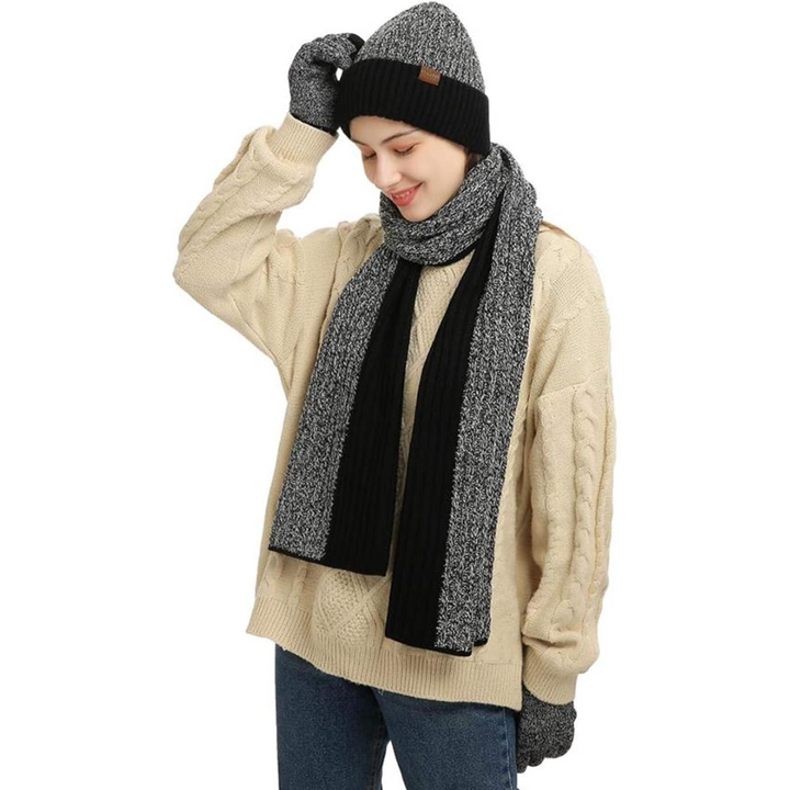 Men's active winter set: warm beanie, protective scarf & touchscreen sports gloves.