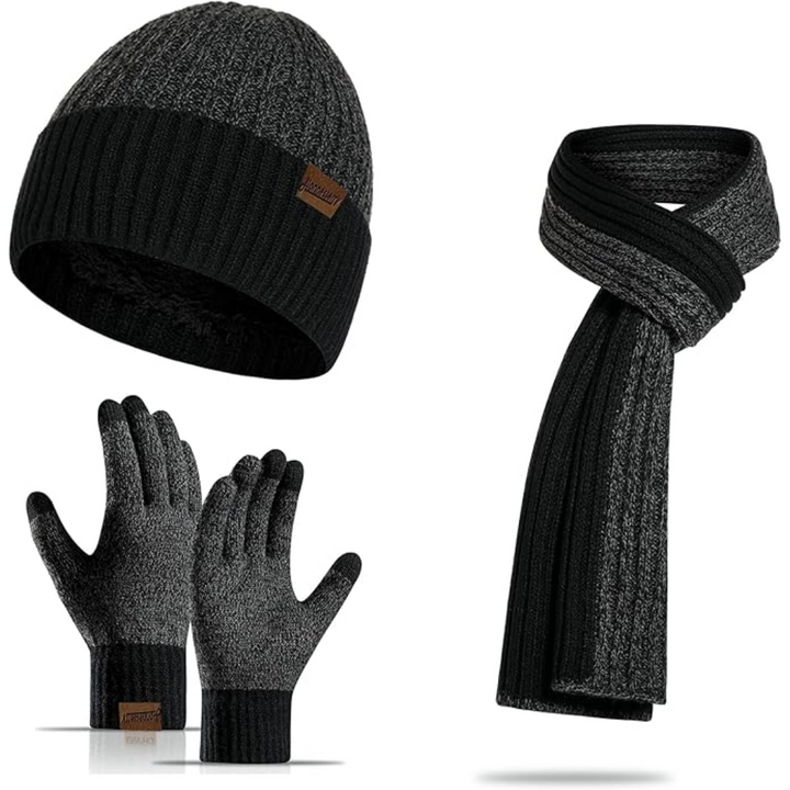 Black men's cold weather beanie, cozy knitted scarf & responsive touchscreen gloves.