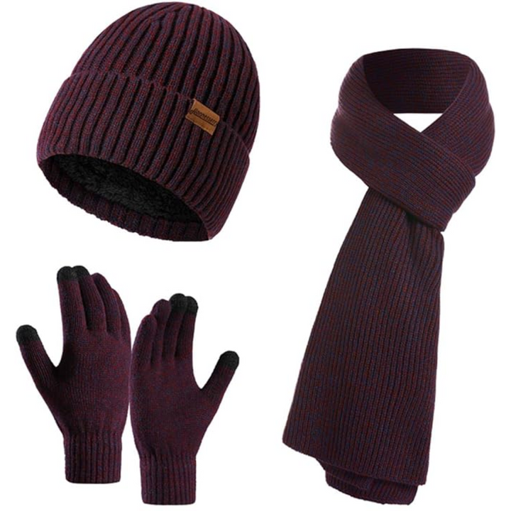 Fleece-lined men's winter beanie set with a comfy scarf and touchscreen-enabled gloves.