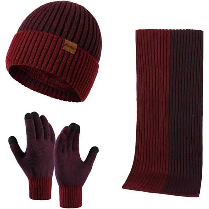 Men's warm knitted beanie, scarf & touchscreen gloves set. Perfect for cold winter weather.