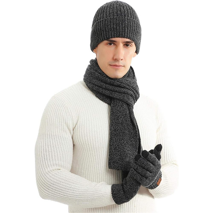 Practical men's winter gift: black beanie, comfortable scarf & tech-compatible gloves.