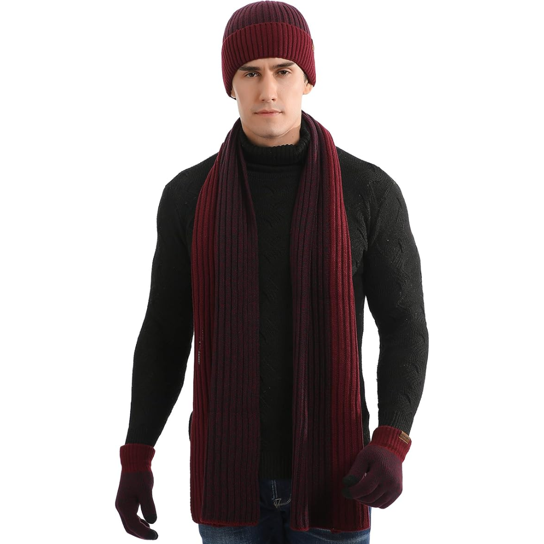 Classic grey men's winter set: thick beanie, soft scarf, and touchscreen-compatible gloves.