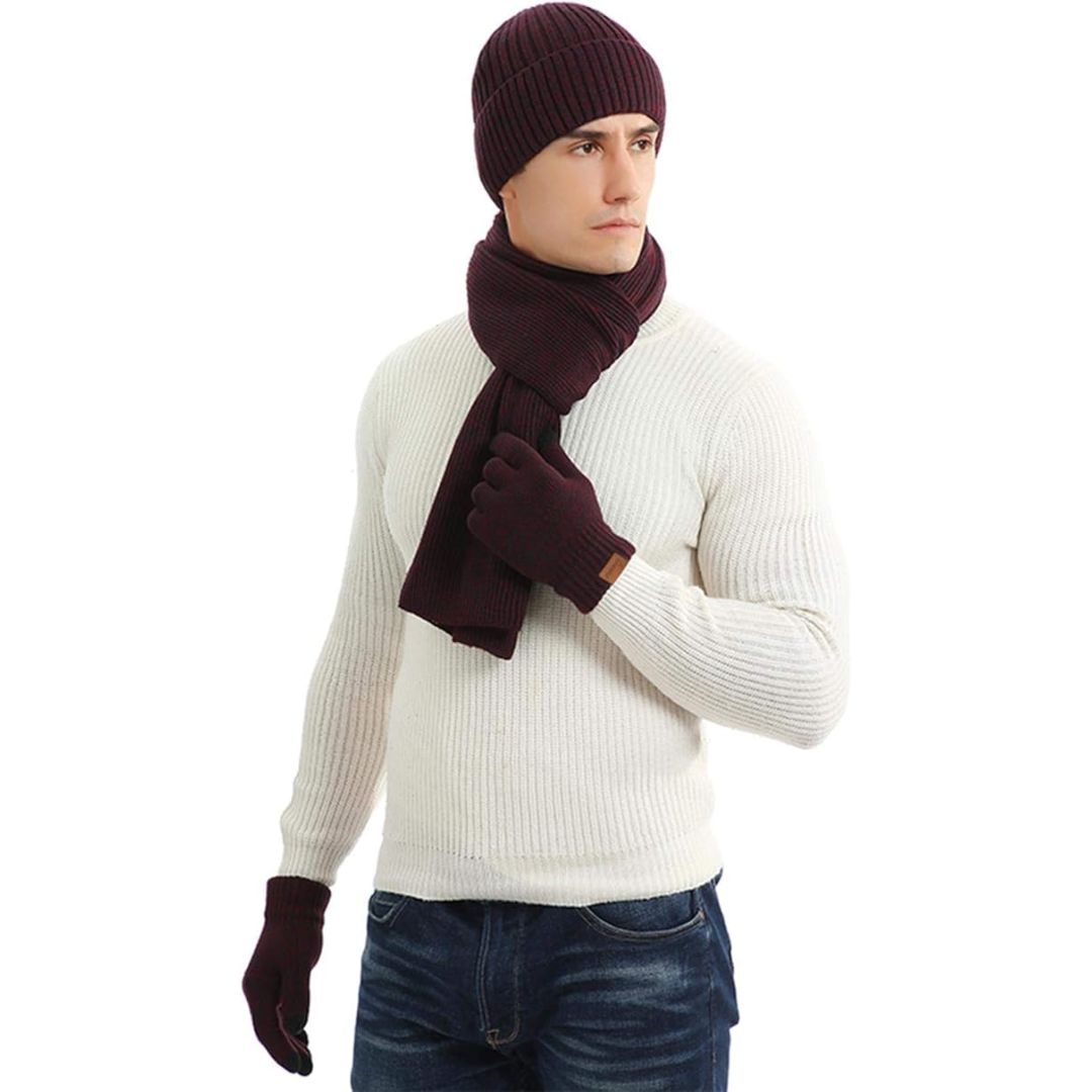 Men's ultimate winter warmth: knitted beanie, soft scarf & smart touchscreen gloves.