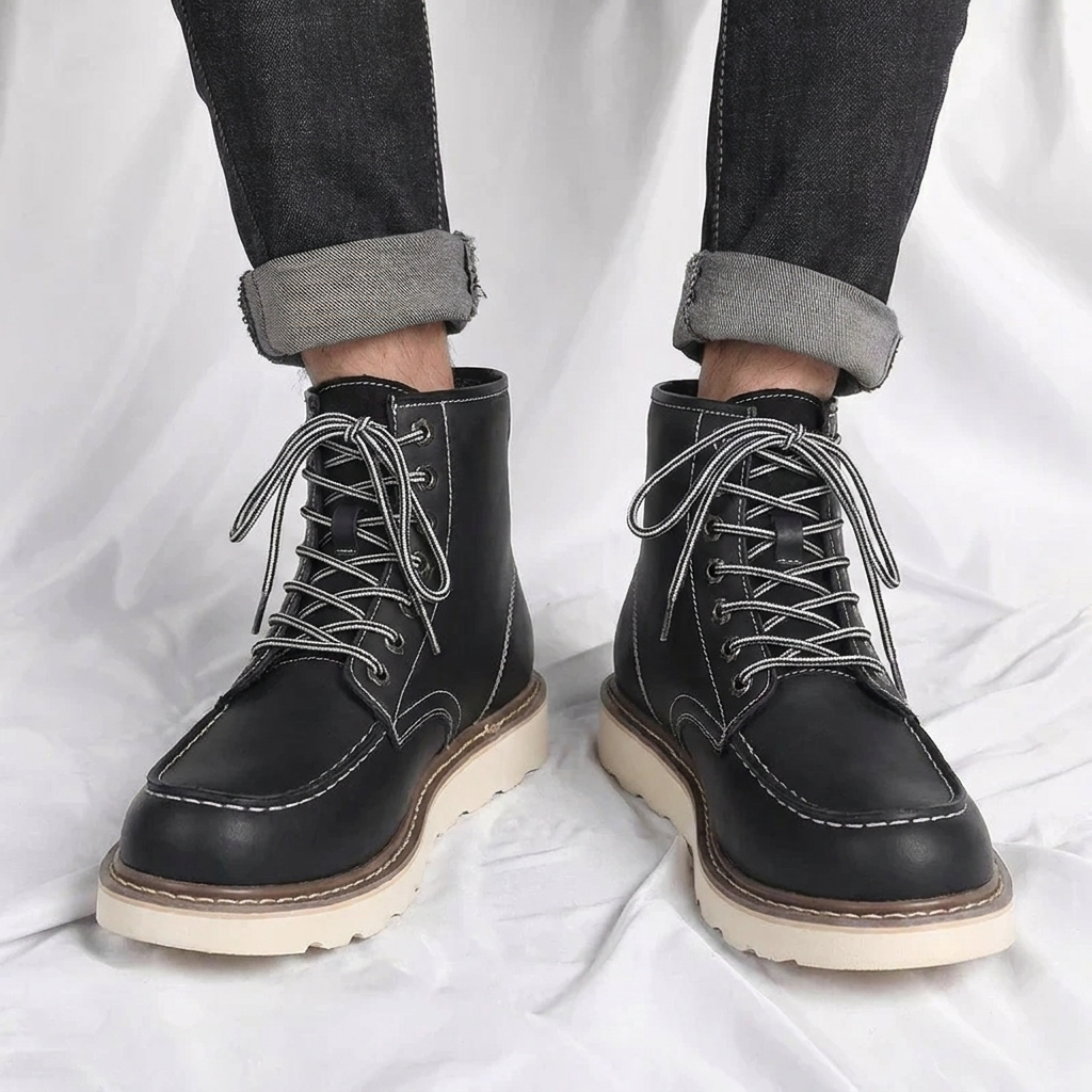 Stylish men's lace-up moc toe work boots with secure ankle support, perfect for outdoor work & casual wear.