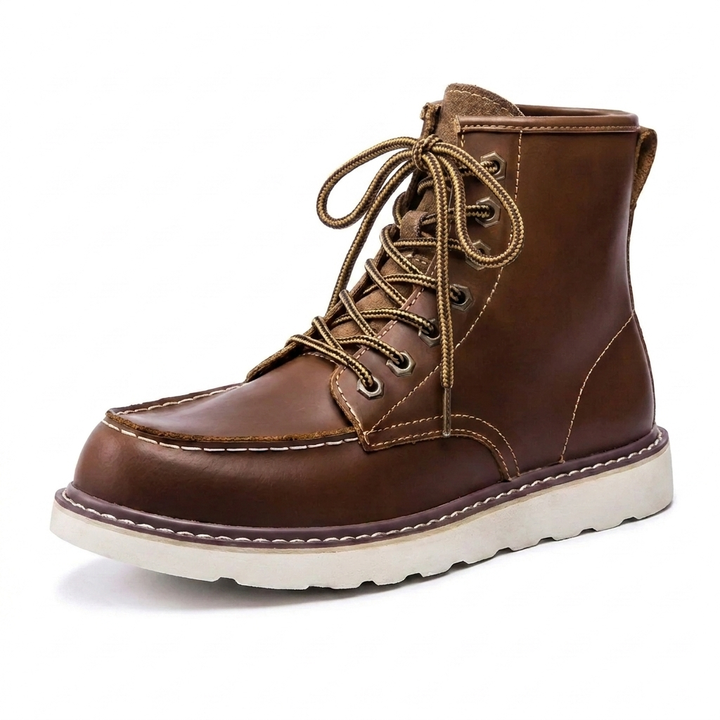 Rugged men's lace-up moc toe work boots providing excellent ankle support, durability, and comfort for long shifts.
