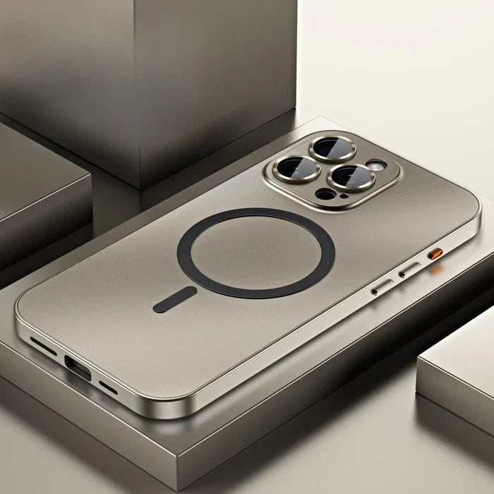 Sleek metal protective iPhone case. Heavy-duty phone cover with magnetic closure.