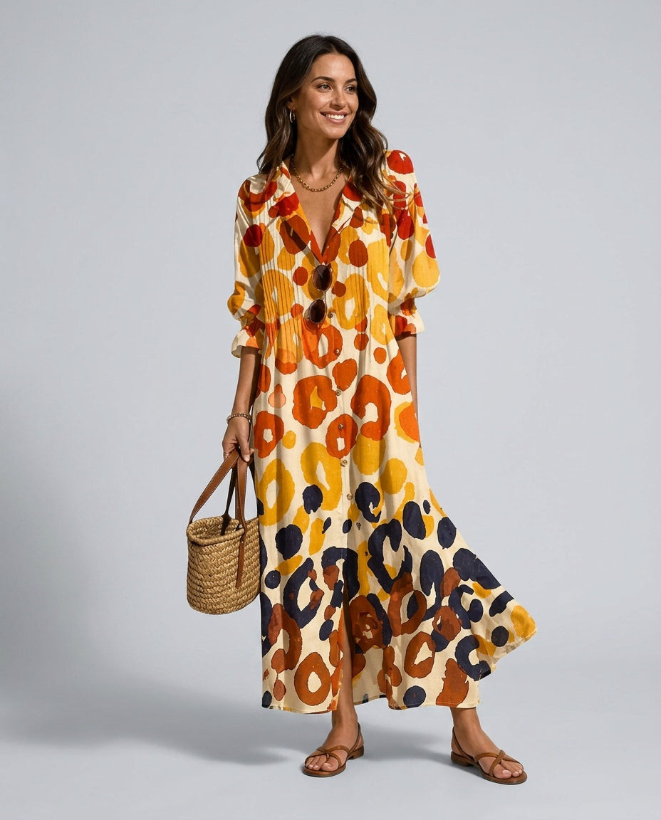 Casual women's summer floral maxi dress, relaxed fit, vibrant print, button front & balloon sleeves. Very comfy.