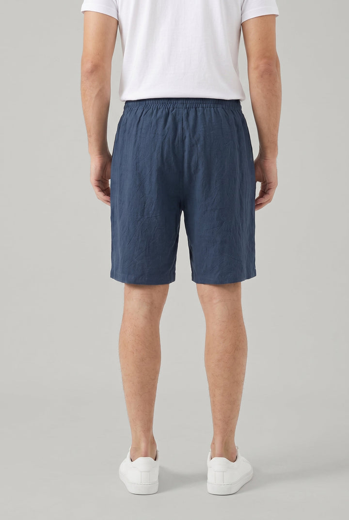 Comfortable men's navy linen drawstring shorts, relaxed fit for summer fashion & casual everyday wear.