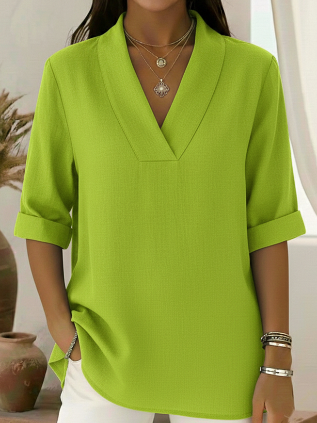Women's V-neck roll-sleeve shirt tunic. Smart casual blouse, ideal for office and weekend wear.