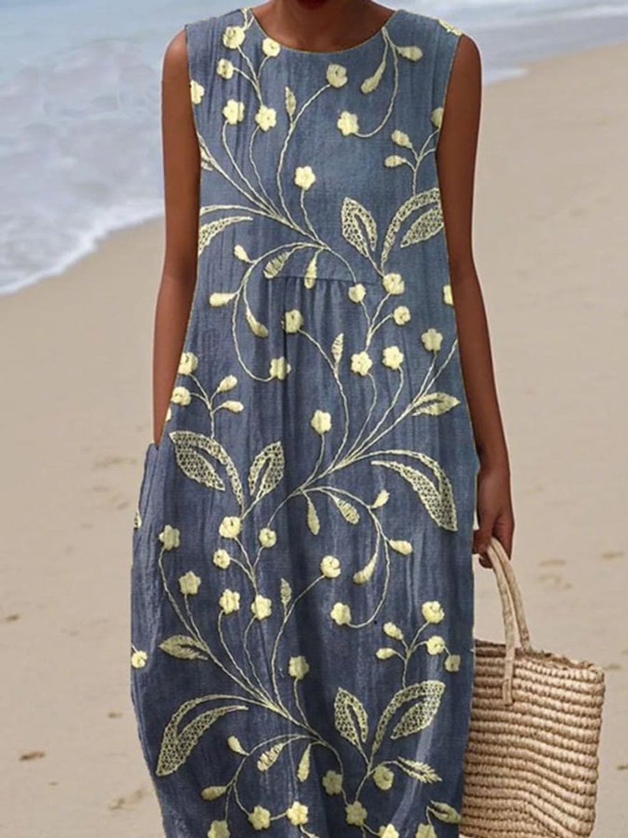 Elegant women's floral print sleeveless swing midi dress in blue, ideal for casual spring and summer wear.