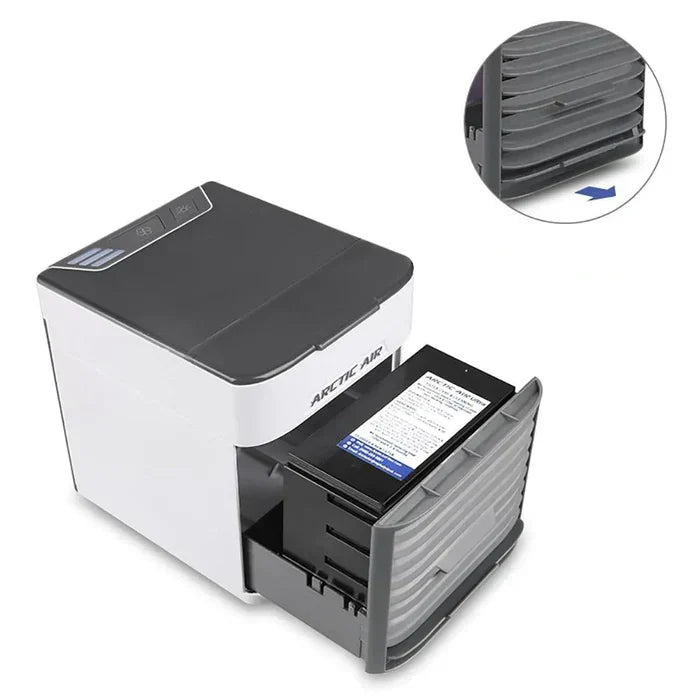 Compact ChillWave mini air conditioner, a personal fan & humidifier for desks or small spaces.