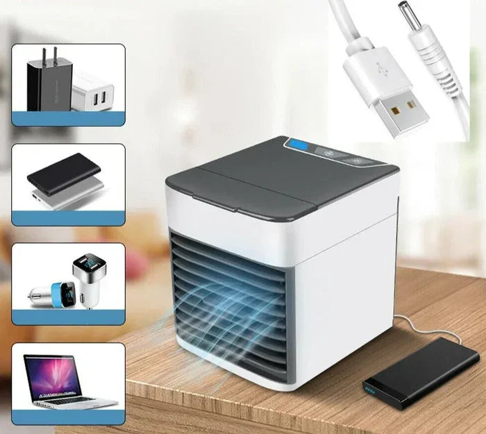 Multi-functional ChillWave mini air cooler, humidifier, & LED light, ideal for home comfort.